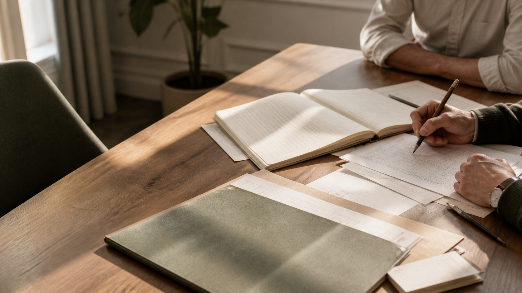 A ledger, folders and source papers arranged on a shared desk